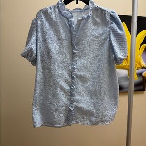 Light Blue Seersucker Ruffle Button-Up Blouse